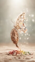 Fototapeta premium Business in Illustration Beautiful detailed butterfly with tattered wings landing on colorful pebbles on soft background
