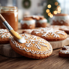 Realistic close-up of gingerbread cookies being decorated with white icing in a cozy Christmas kitchen. Homemade winter treats and traditional holiday baking