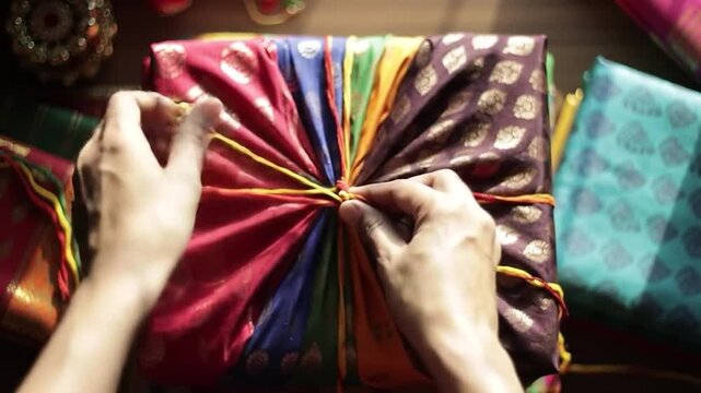 Hands tie a string on a gift wrapped in colorful patterned fabrics