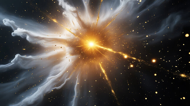 A vibrant cosmic supernova explosion with a golden-yellow core, fiery tendrils, and swirling nebulae in deep space. A photorealistic and fantasy celestial event evoking awe and wonder