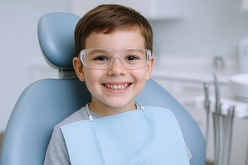 Friendly young boy wearing protective glasses and dental bib smiling at dentist office.