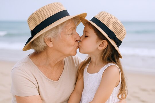 Elderly woman and young girl sharing a kiss on the beach wearing hats and casual clothing. - Powered by Adobe
