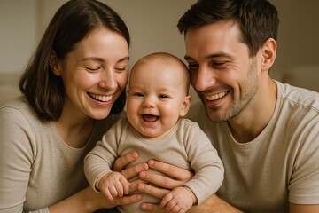 Happy family portrait of parents and smiling baby sitting together indoors.