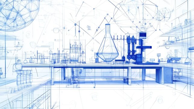 Abstract digital illustration of a science laboratory with various scientific equipment. - Powered by Adobe
