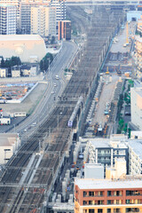 Urban Railway Tracks and Cityscape View from Above in Sapporo, Hokkaido, Japan