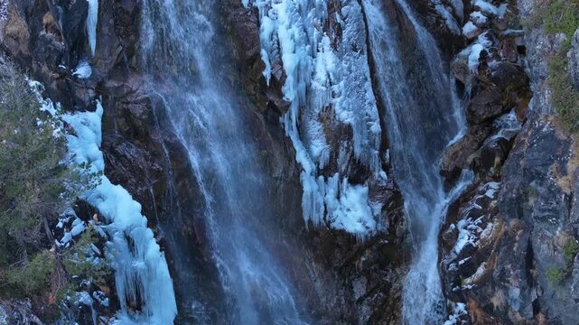 Winter landscape of the Argualas Waterfalls in Panticosa, Tena Valley, Alto Gallego region, Huesca, Aragon, Spain, Europe.