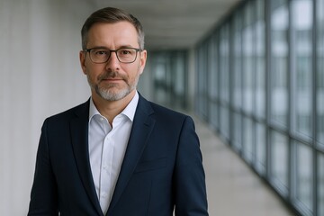Fototapeta premium Confident Business Professional Man in Formal Suit Standing in Modern Office Corridor.
