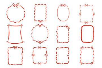 Whimsical border with bow and ribbon for valentine or wedding card. Hand drawn red frame and cute circle line with vintage decorative elements. Perfect bachelorette party invitations