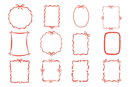 Whimsical border with bow and ribbon for valentine or wedding card. Hand drawn red frame and cute circle line with vintage decorative elements. Perfect bachelorette party invitations - Powered by Adobe