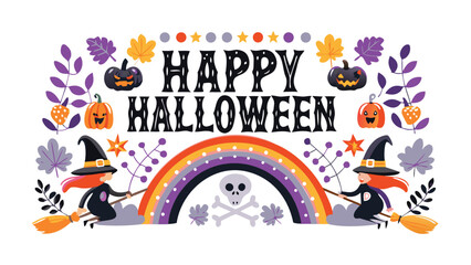 Obraz premium Happy halloween illustration featuring witches, pumpkins, leaves, rainbow and a skull with crossed bones