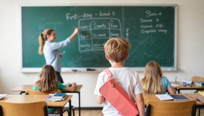 Child with pencil case in morning classroom, first day of school excitement