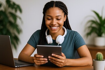 Smiling young woman using tablet with headphones in bright modern workspace environment.