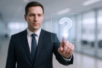 Businessman in formal suit interacting with transparent digital question mark interface in modern office environment.