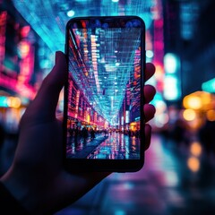 Hand holding smartphone displaying a vibrant, digitally enhanced cityscape at night, with city lights and digital code overlay.
