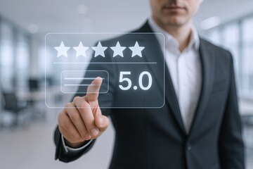 Obraz premium Modern businessman in formal suit using transparent digital interface with ratings and score.