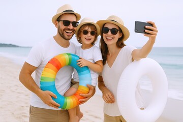 Happy family enjoying beach day taking selfie with sunglasses and colorful floaties.