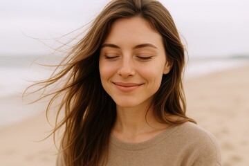 Fototapeta premium Peaceful young woman enjoying relaxing moment at the beach with windy hair and gentle smile.
