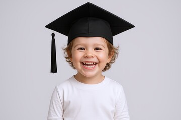 Happy young child in graduation cap smiling celebrating academic achievement indoors.