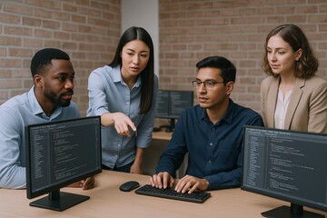 Diverse group of young professionals collaborating during technology workshop meeting.