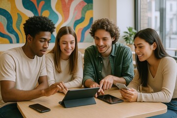 Obraz premium Group of Diverse Young Adults Using Electronic Devices and Sharing Smiles.
