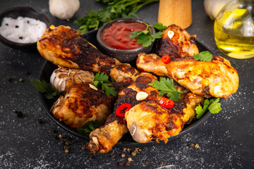 Grilled chicken legs with garlic, spices, parsley, bbq sauce and olive oil