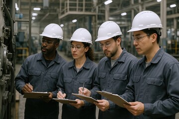 Diverse industrial workers in safety helmets inspecting technical blueprints in factory setting.