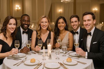 Elegant diverse group of friends celebrating at a formal dinner party with wine and candles.