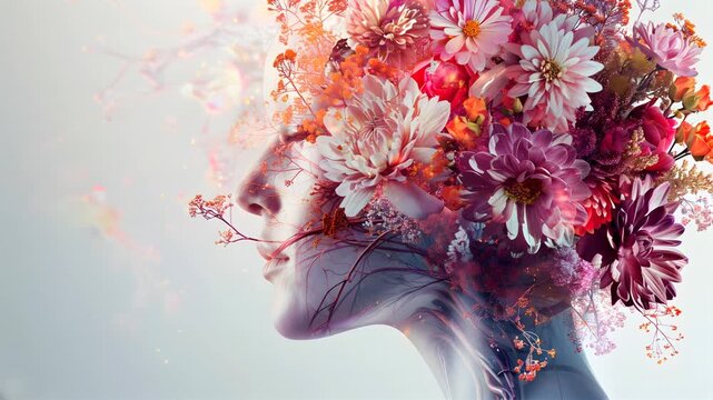Floating Human Head with Floral Explosion from Brain &ndash; Surreal Concept Animation