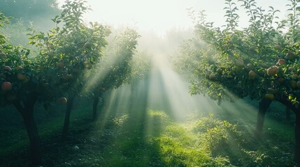 Sunlight streams through misty orchard, illuminating rows of apple trees.