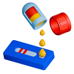 3D illustration of serum sample with rapid test kit showing positive result and serum drops on test kit.