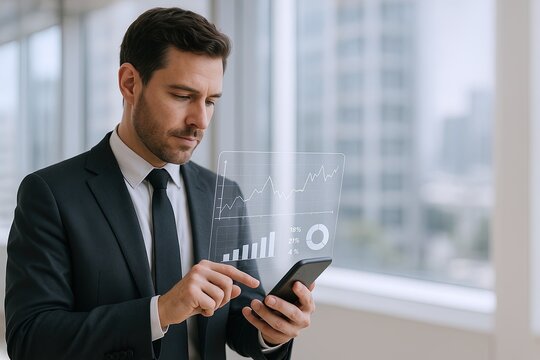 Businessman using smartphone with digital financial charts and graphs display. - Powered by Adobe