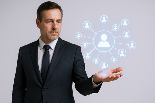 Businessman in formal suit holding digital social network icons representing connection.