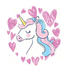 Hand Drawn Magic Unicorn Cute Pastel Vector Illustration with Hearts 
