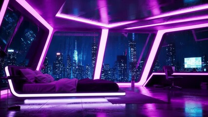 Futuristic neon-lit bedroom with cyberpunk city view, pulsing lights, rain animation, and glowing “Stream starting…” text - Powered by Adobe