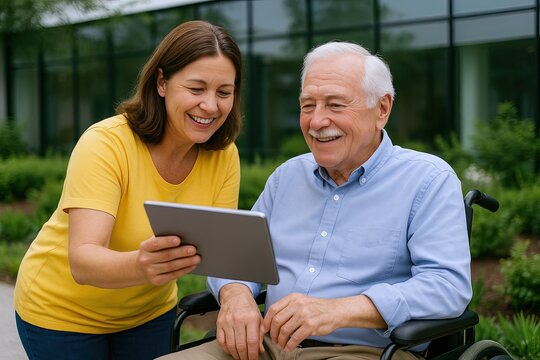 Happy woman and senior man using digital tablet outdoors in garden or greenhouse.