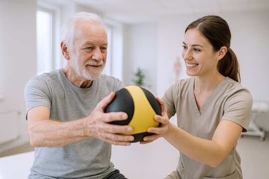 Elderly Man and Young Female Nurse Engaging in Rehabilitation Therapy with Medicine Ball.