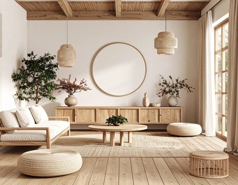 Wnętrze salonu wyposażone w meble z naturalnych materiał&oacute;w. Styl eko