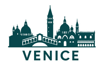 Fototapeta premium Venice skyline with domes, Rialto Bridge and bell tower silhouette