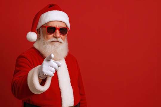 Elderly Man dressed as Santa Claus with sunglasses pointing at camera in front of red background.