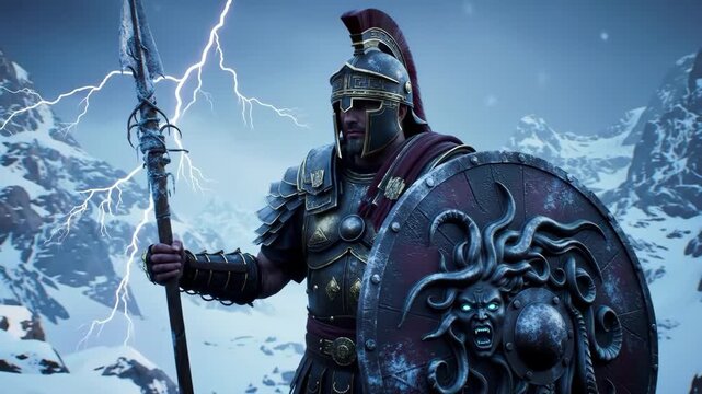 Stormbound mythic warrior with Medusa shield in lightning-lit mountain pass, supernatural glow and dynamic snow animation