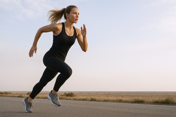 Fototapeta premium Woman running outdoors on a path in a wide open field during daytime with clear sky.