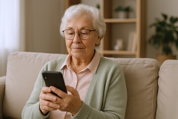 Senior woman using smartphone at home enjoying digital communication and leisure.