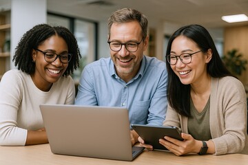 Happy diverse group of young adults using laptop and tablet in office.