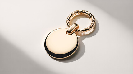 A high-quality product photograph of a gold-plated circular keychain tag against a pure white background. 