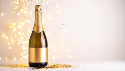 a bottle of champagne positioned next to sparkling confetti, set against a festive backdrop that suggests a celebration or special occasion