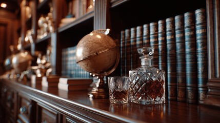 Classic study with vintage decor, whiskey decanter, and leather-bound books in an old money setting