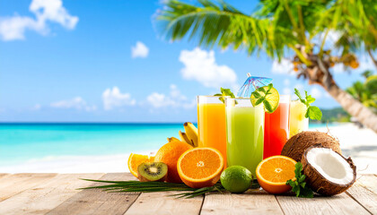 a refreshing beachside setting with a wooden table adorned with an array of exotic fruit juices