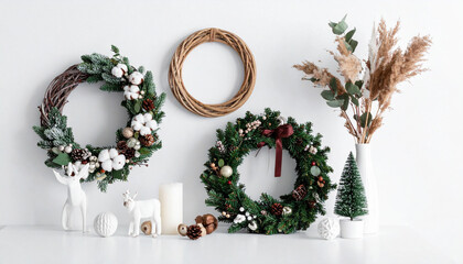 against a pristine white backdrop, the scene showcases a collection of seasonal decorations arranged on a surface