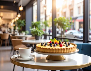 Gourmet berry tart with coffee on a table in a sunny cafe