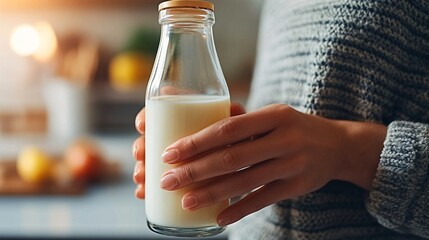 Fresh bottle of milk held by hand with warm breakfast setting in background representing dairy and healthy lifestyle.